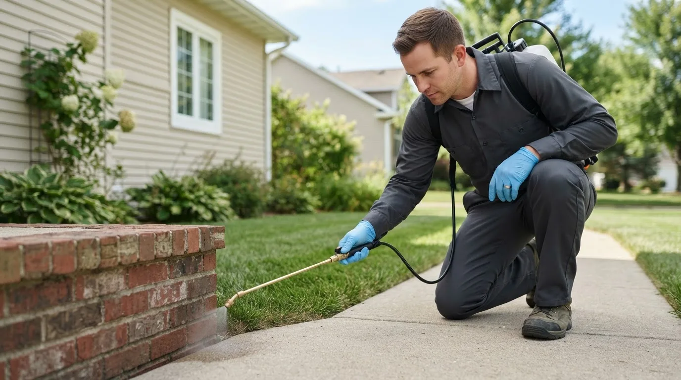 Pest control technician treating a home near Lincoln, RI